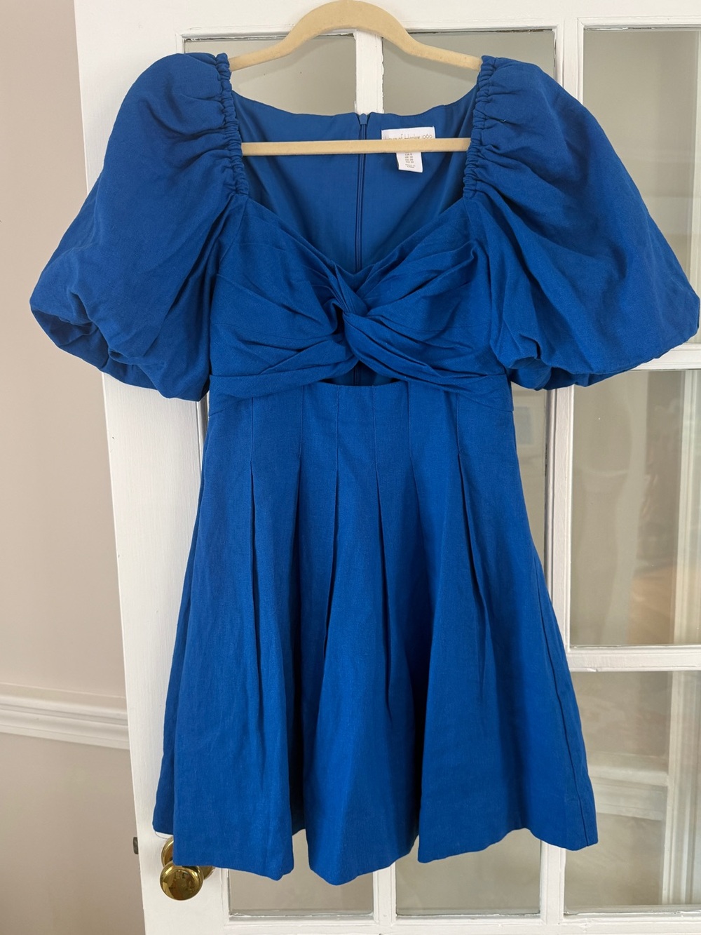 House of Harlow Blue Puff-Sleeve Twist Front Dress with pleats and cutouts